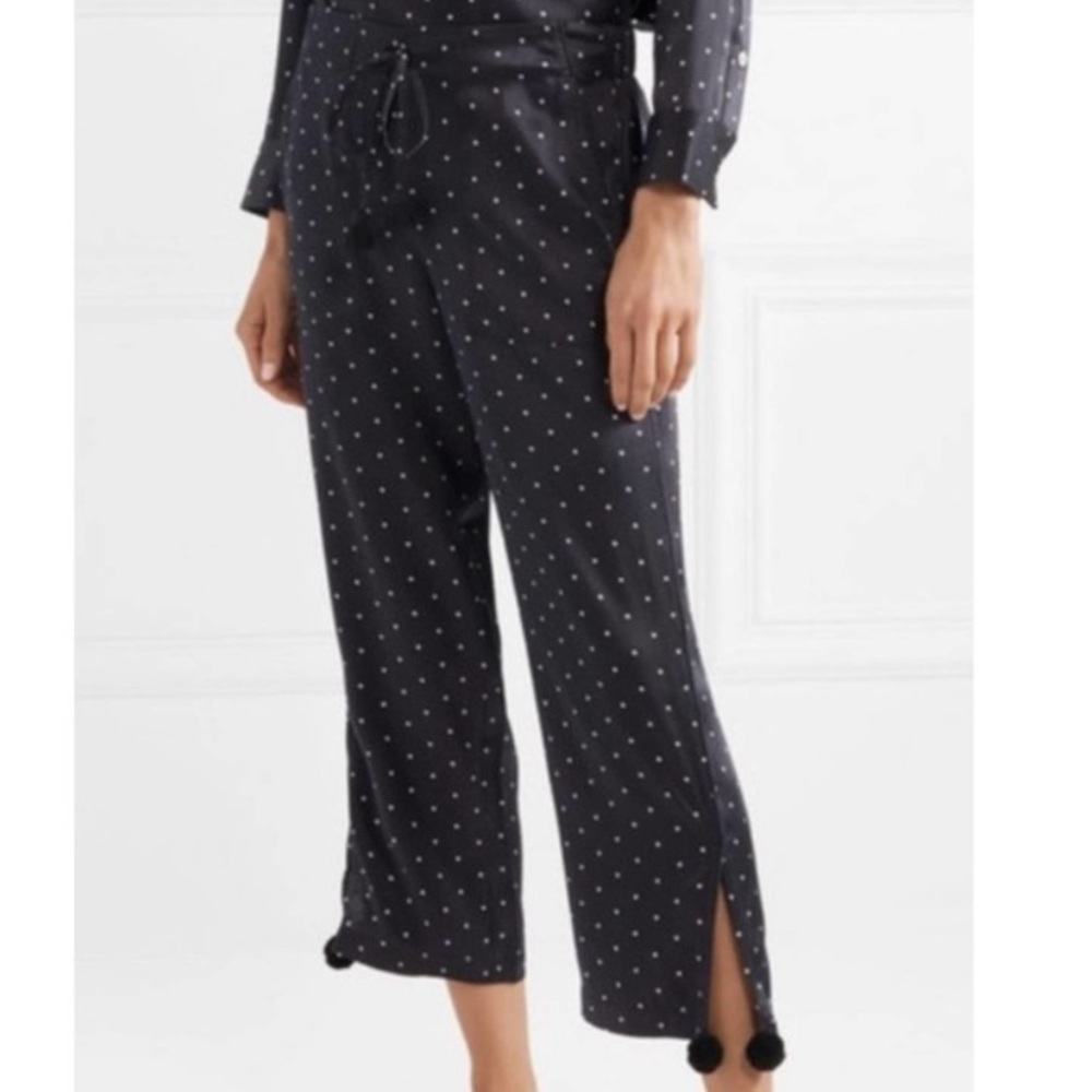 FIGUE Black Polka Dot Straight-Leg Cropped Pom Pom Pant Silk Drawstring Waist